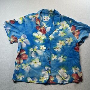 Jam's World Floral Hawaiian Shirt Women's S Blue Button Front Vintage
